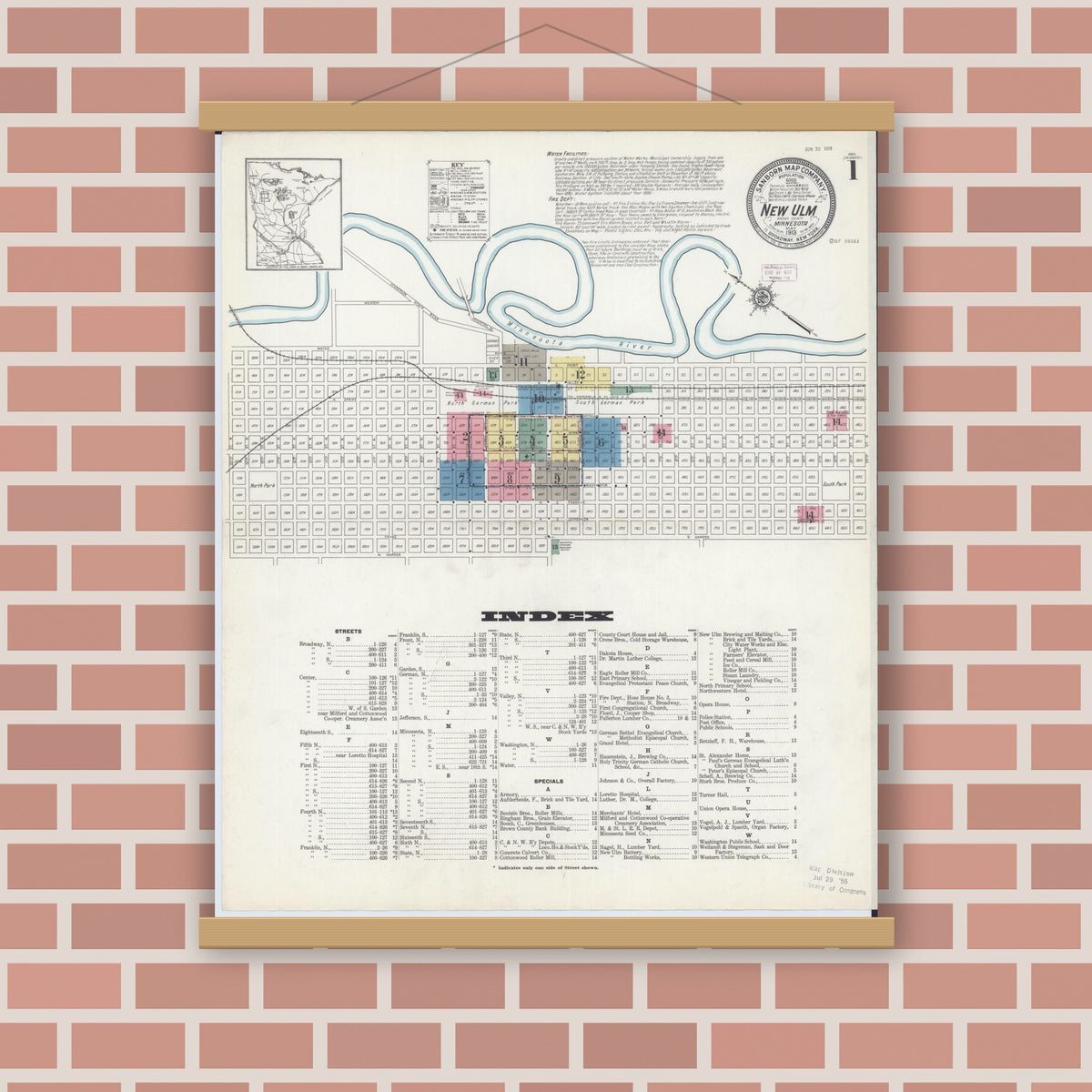 Old map wall art mockup — magnetic wood frame on brick wall — Sanborn Fire Insurance Map from New Ulm, Brown County, Minnesota (1913) - Complete Map Set