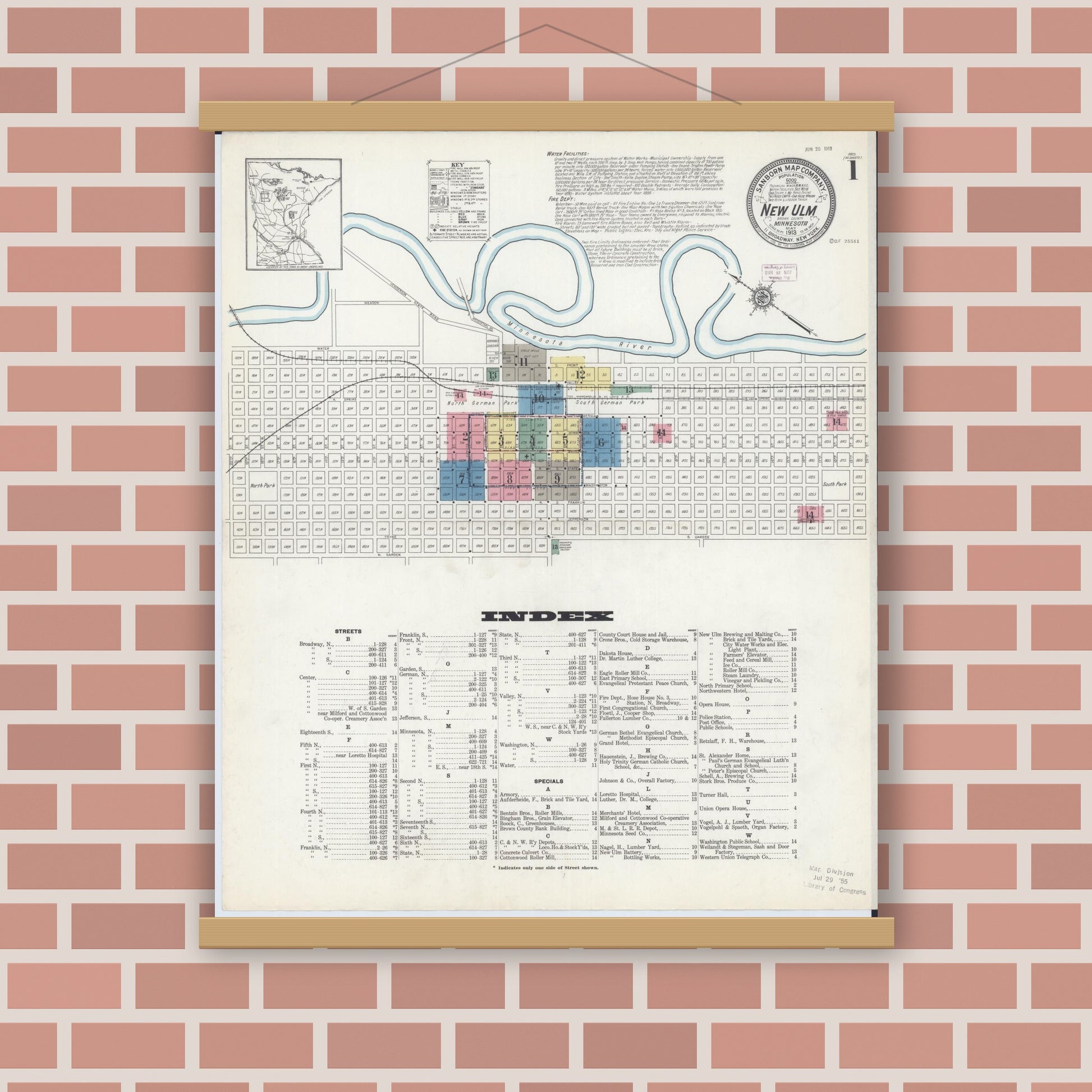 Old map wall art mockup — magnetic wood frame on brick wall — Sanborn Fire Insurance Map from New Ulm, Brown County, Minnesota (1913) - Complete Map Set