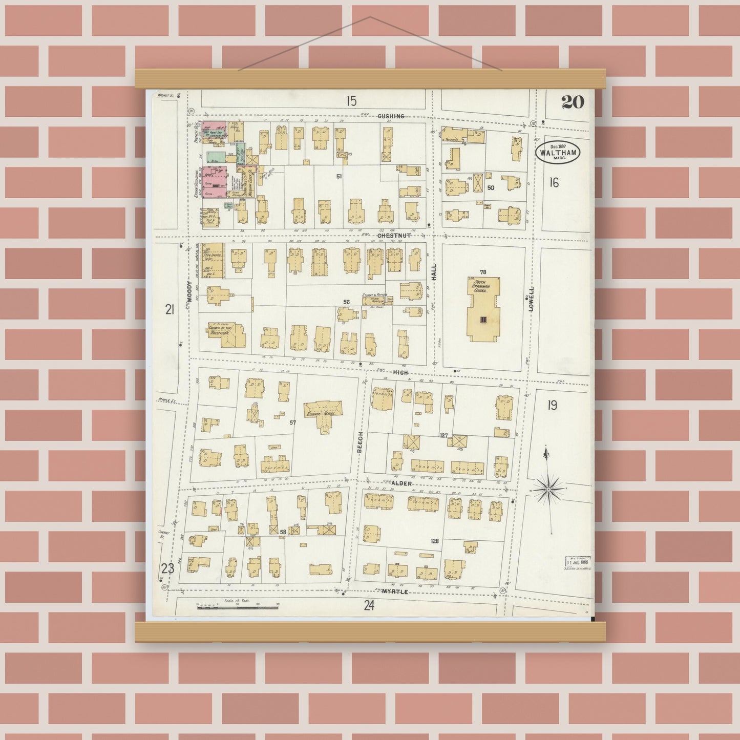 Old map wall art mockup — magnetic wood frame on brick wall — Sanborn Fire Insurance Map from Waltham, Middlesex County, Massachusetts (1897), Sheet #0020