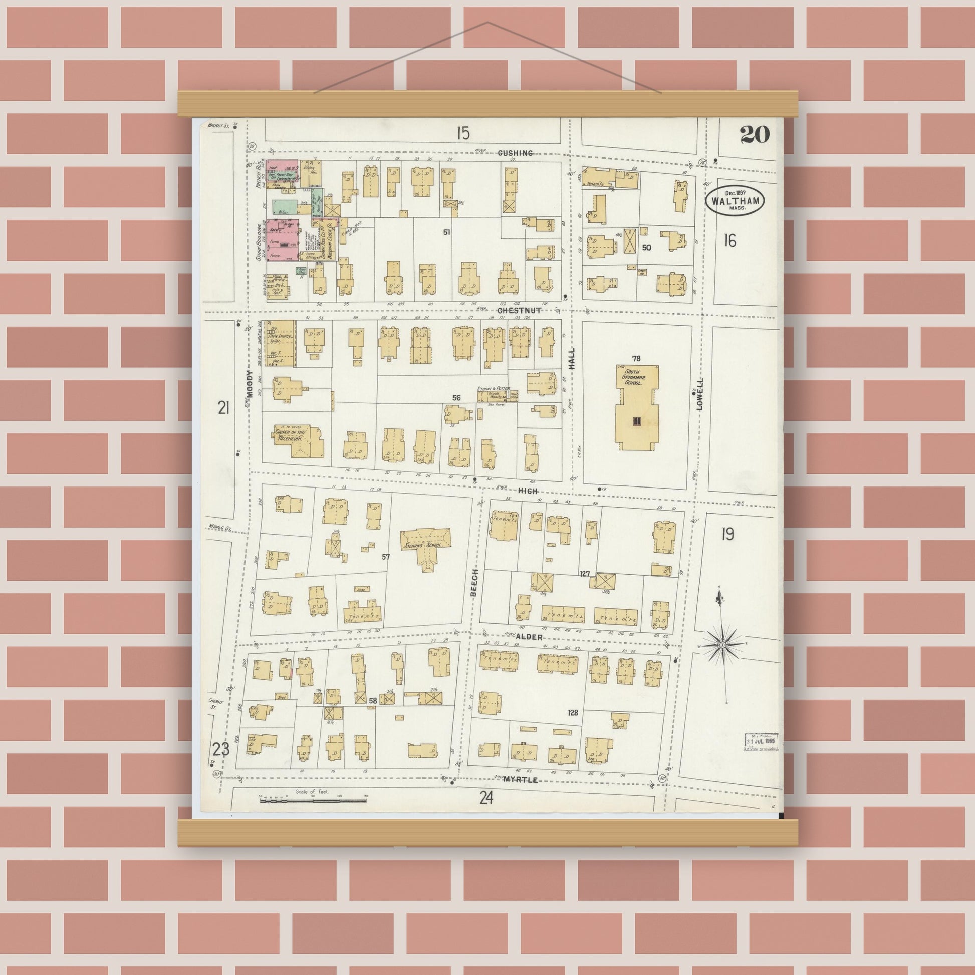 Old map wall art mockup — magnetic wood frame on brick wall — Sanborn Fire Insurance Map from Waltham, Middlesex County, Massachusetts (1897), Sheet #0020