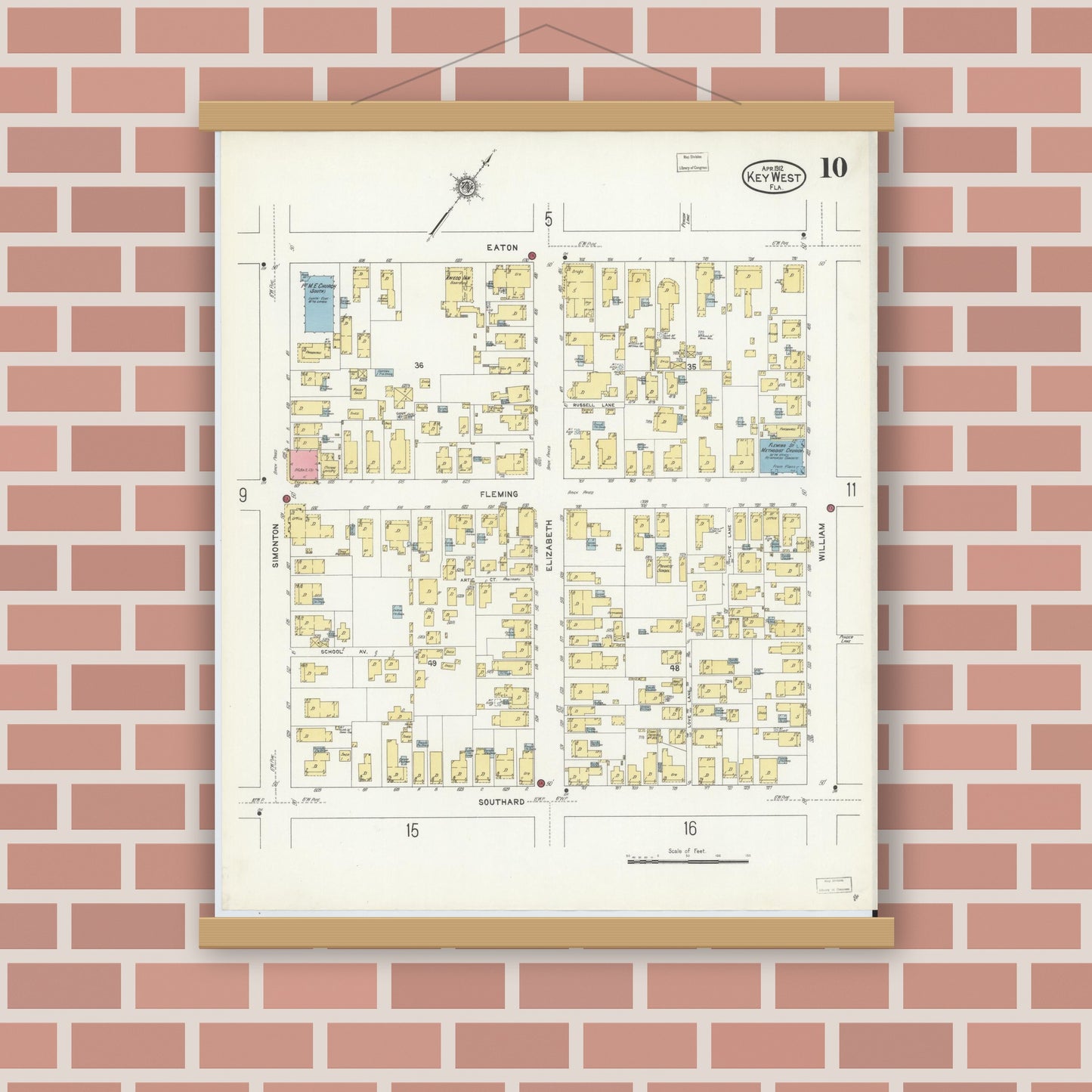 Old map wall art mockup — magnetic wood frame on brick wall — Sanborn Fire Insurance Map from Key West, Monroe County, Florida (1912), Sheet #0010