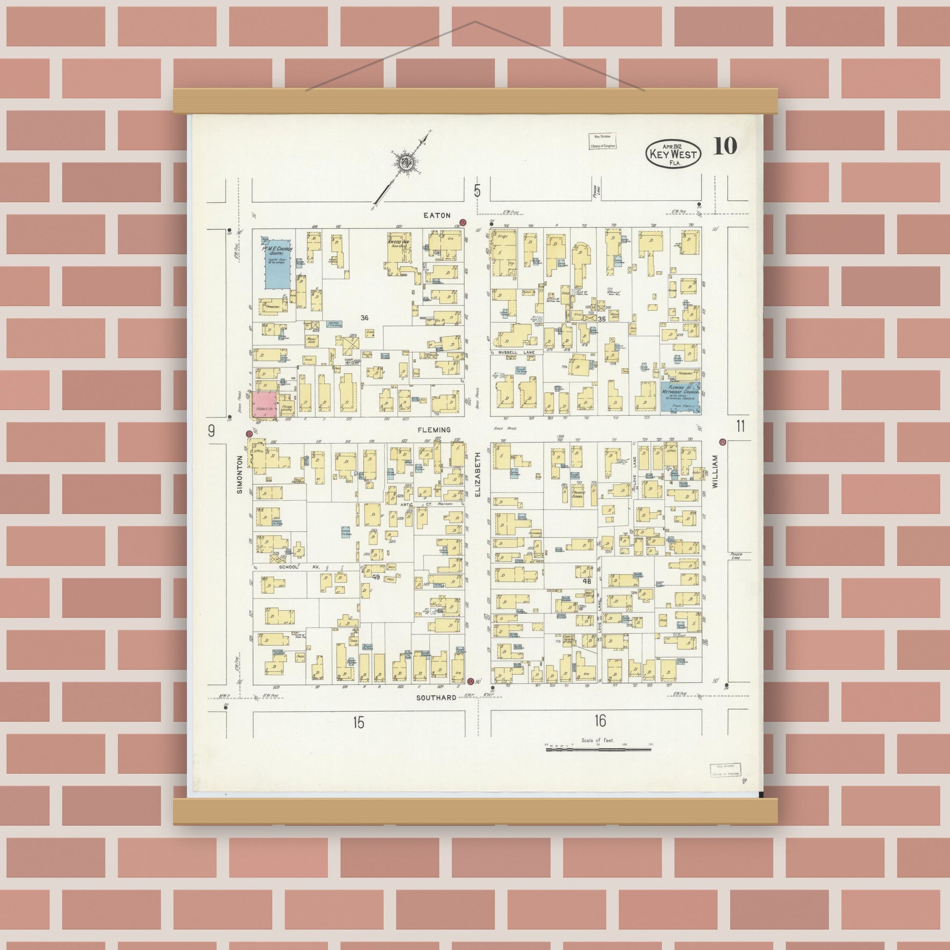 Old map wall art mockup — magnetic wood frame on brick wall — Sanborn Fire Insurance Map from Key West, Monroe County, Florida (1912), Sheet #0010
