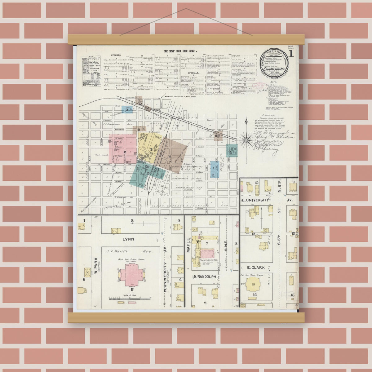 Old map wall art mockup — magnetic wood frame on brick wall — Sanborn Fire Insurance Map from Champaign, Champaign County, Illinois (1892), Sheet #0001
