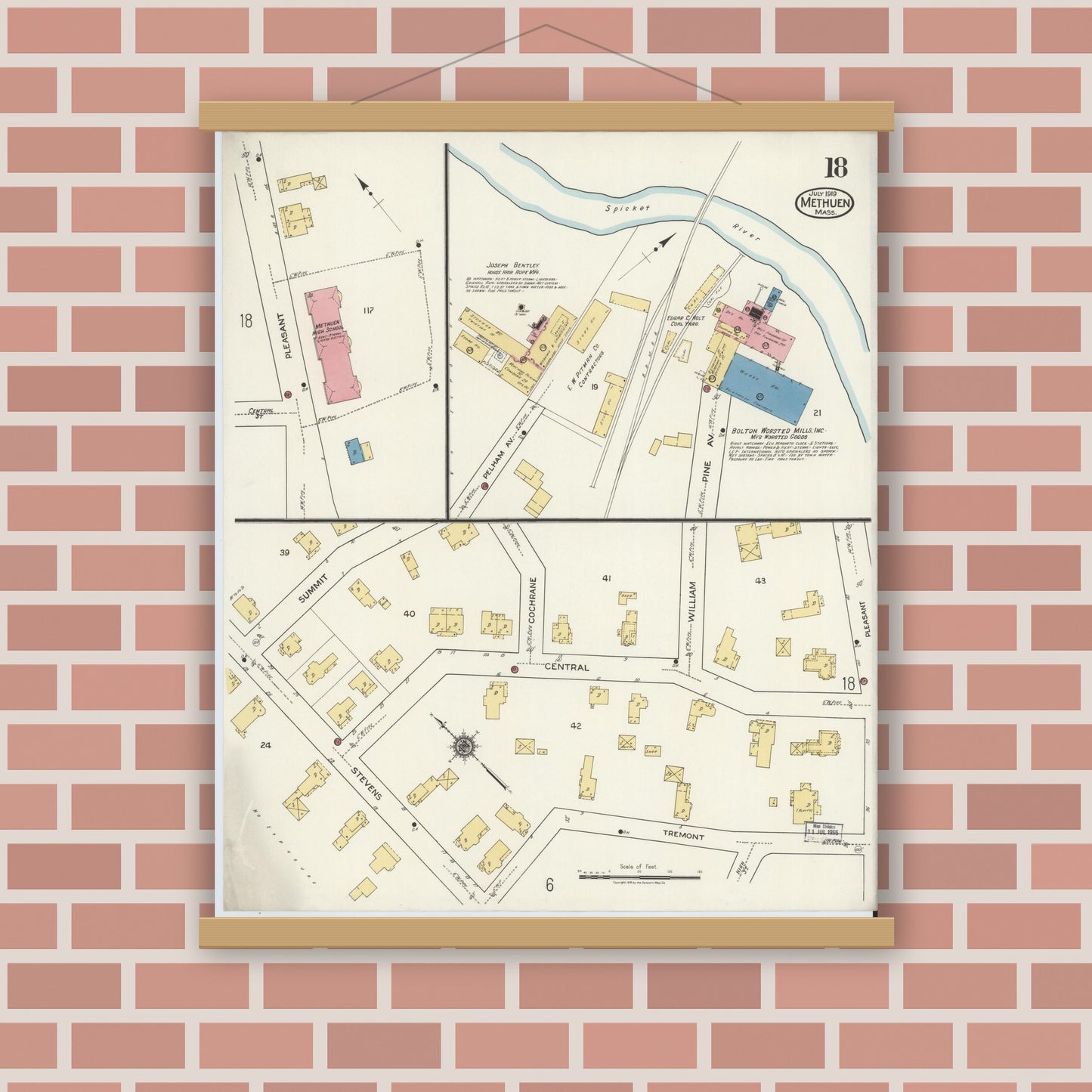 Old map wall art mockup — magnetic wood frame on brick wall — Sanborn Fire Insurance Map from Methuen, Essex County, Massachusetts (1919), Sheet #0018