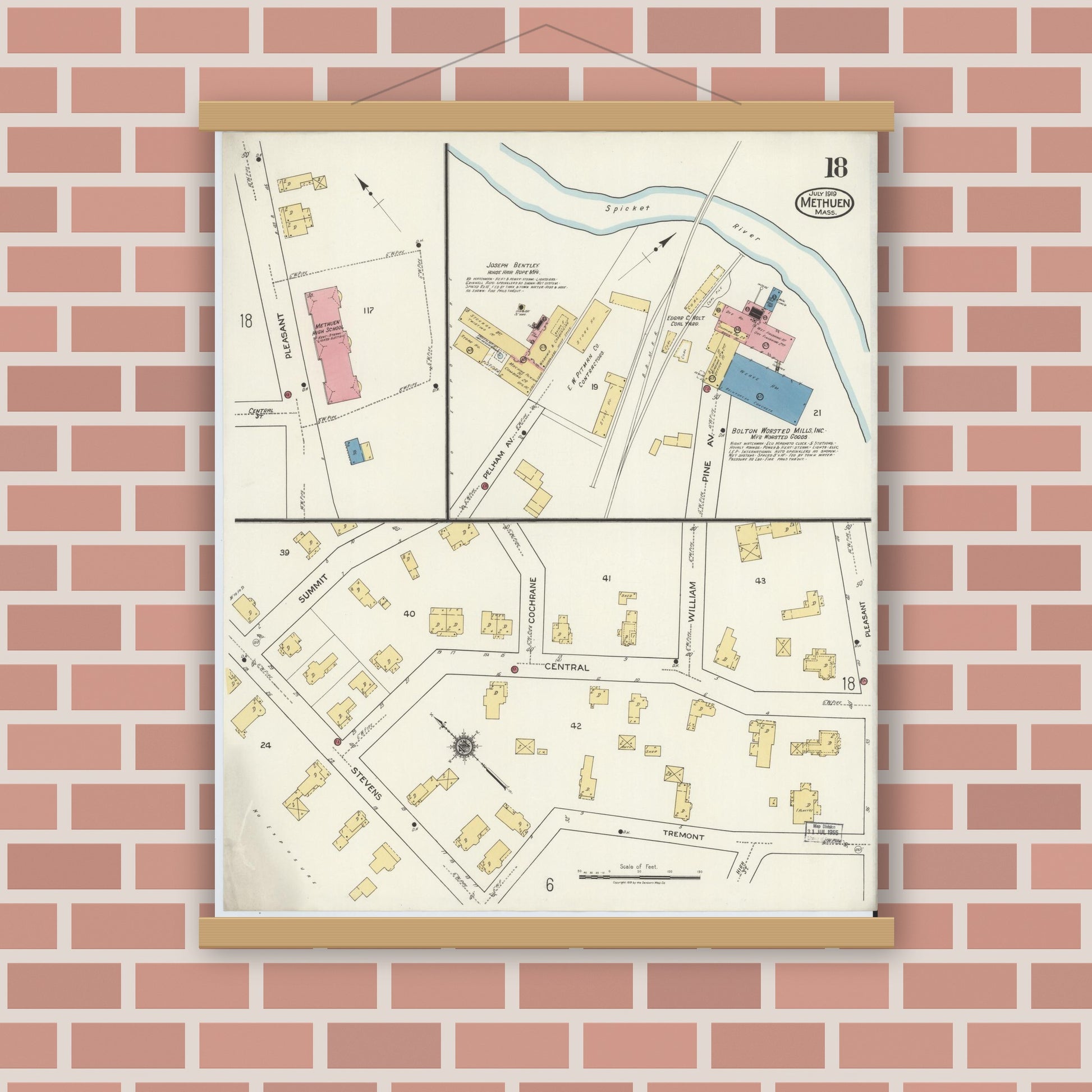 Old map wall art mockup — magnetic wood frame on brick wall — Sanborn Fire Insurance Map from Methuen, Essex County, Massachusetts (1919), Sheet #0018