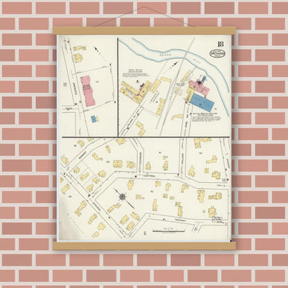 Old map wall art mockup — magnetic wood frame on brick wall — Sanborn Fire Insurance Map from Methuen, Essex County, Massachusetts (1919), Sheet #0018