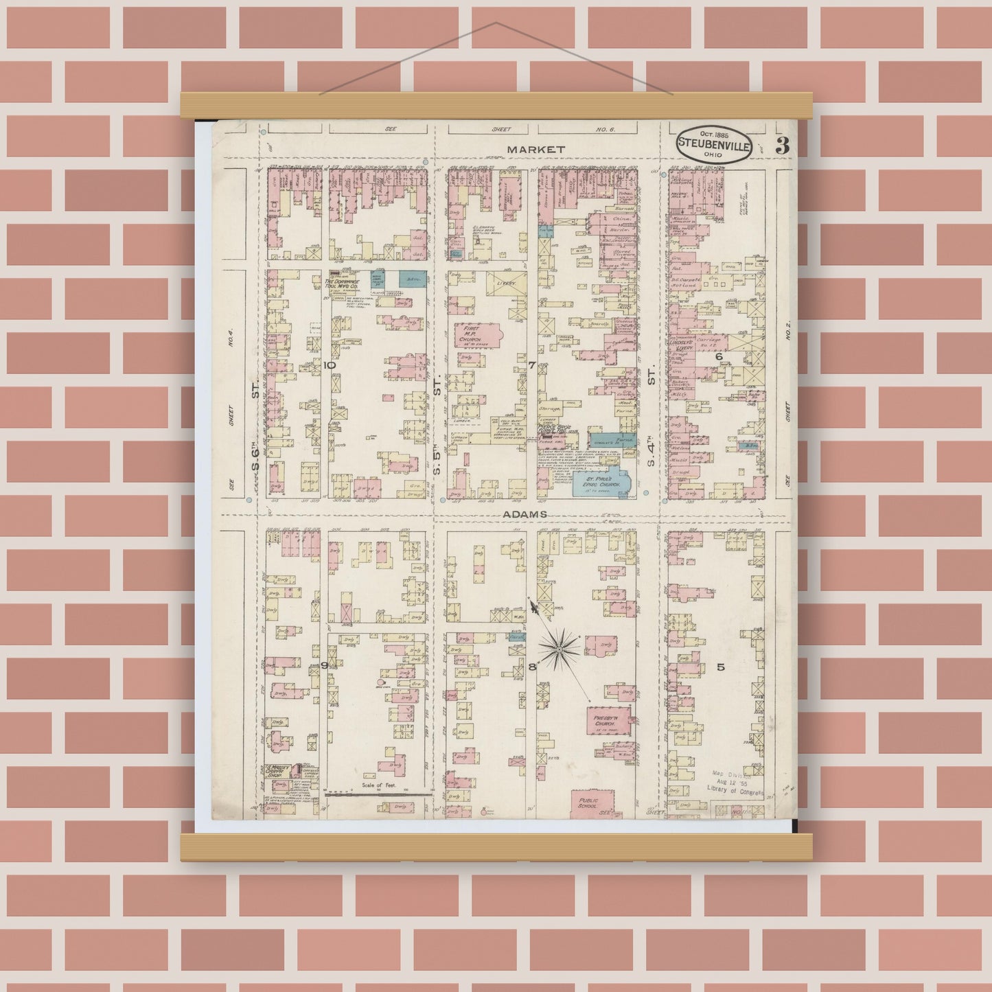 Old map wall art mockup — magnetic wood frame on brick wall — Sanborn Fire Insurance Map from Steubenville, Jefferson County, Ohio (1885), Sheet #0003