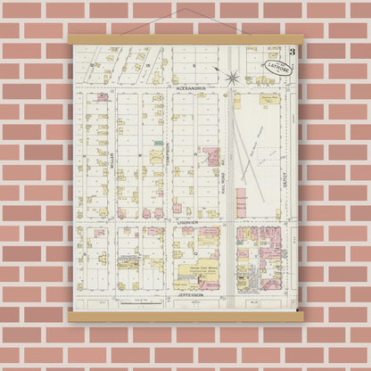 Old map wall art mockup — magnetic wood frame on brick wall — Sanborn Fire Insurance Map from Latrobe, Westmoreland County, Pennsylvania (1887), Sheet #0003