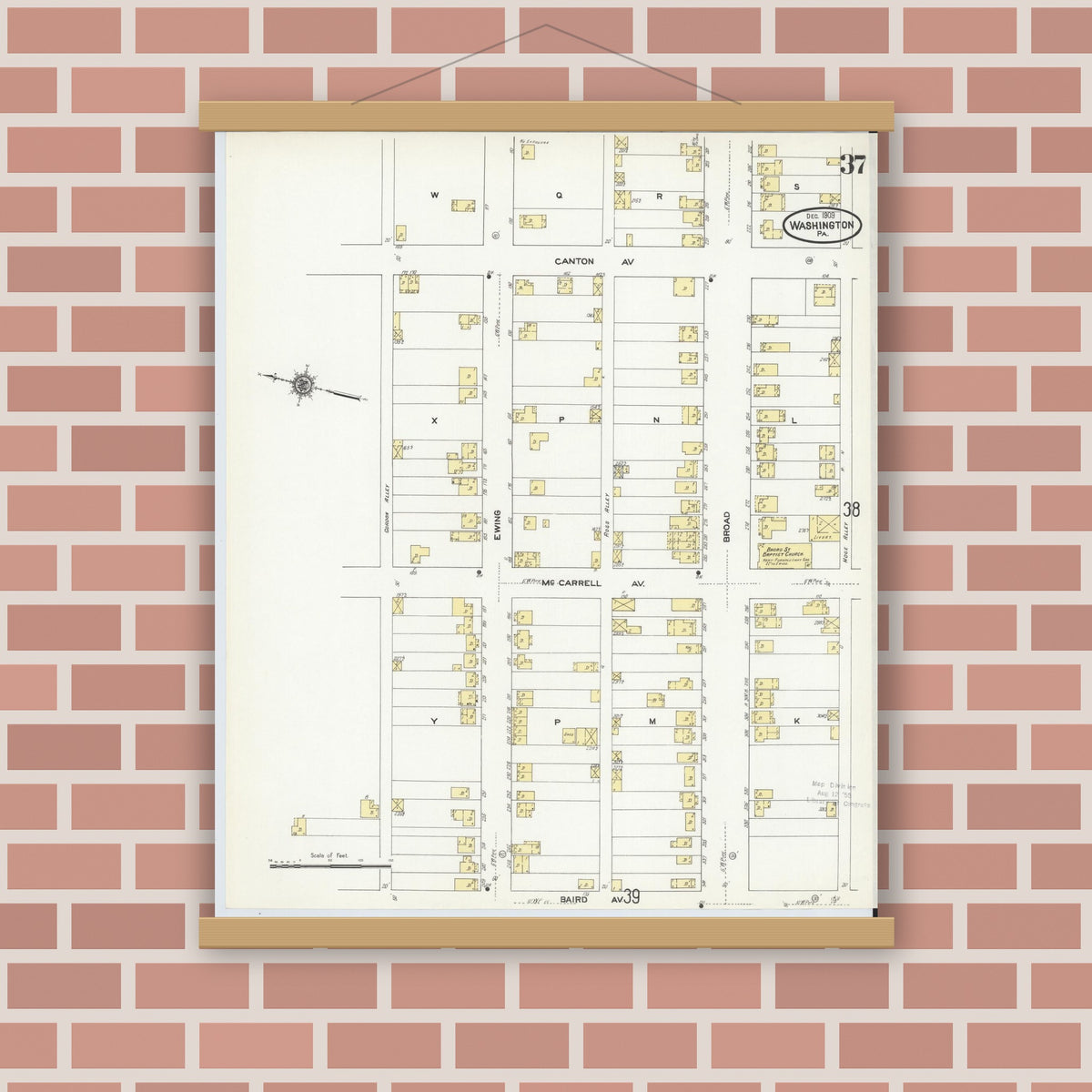 Old map wall art mockup — magnetic wood frame on brick wall — Sanborn Fire Insurance Map from Washington, Washington County, Pennsylvania (1909), Sheet #0037