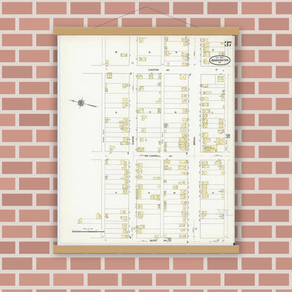 Old map wall art mockup — magnetic wood frame on brick wall — Sanborn Fire Insurance Map from Washington, Washington County, Pennsylvania (1909), Sheet #0037