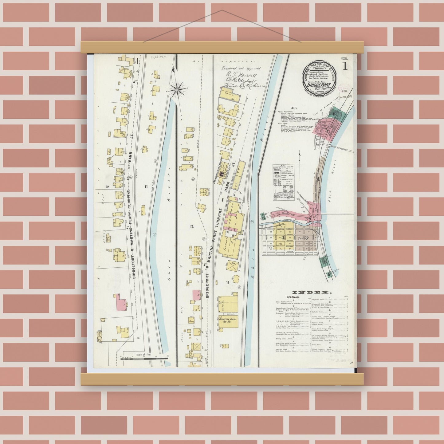 Old map wall art mockup — magnetic wood frame on brick wall — Sanborn Fire Insurance Map from Bridgeport, Belmont County, Ohio (1897) - Complete Map Set