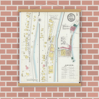 Old map wall art mockup — magnetic wood frame on brick wall — Sanborn Fire Insurance Map from Bridgeport, Belmont County, Ohio (1897) - Complete Map Set