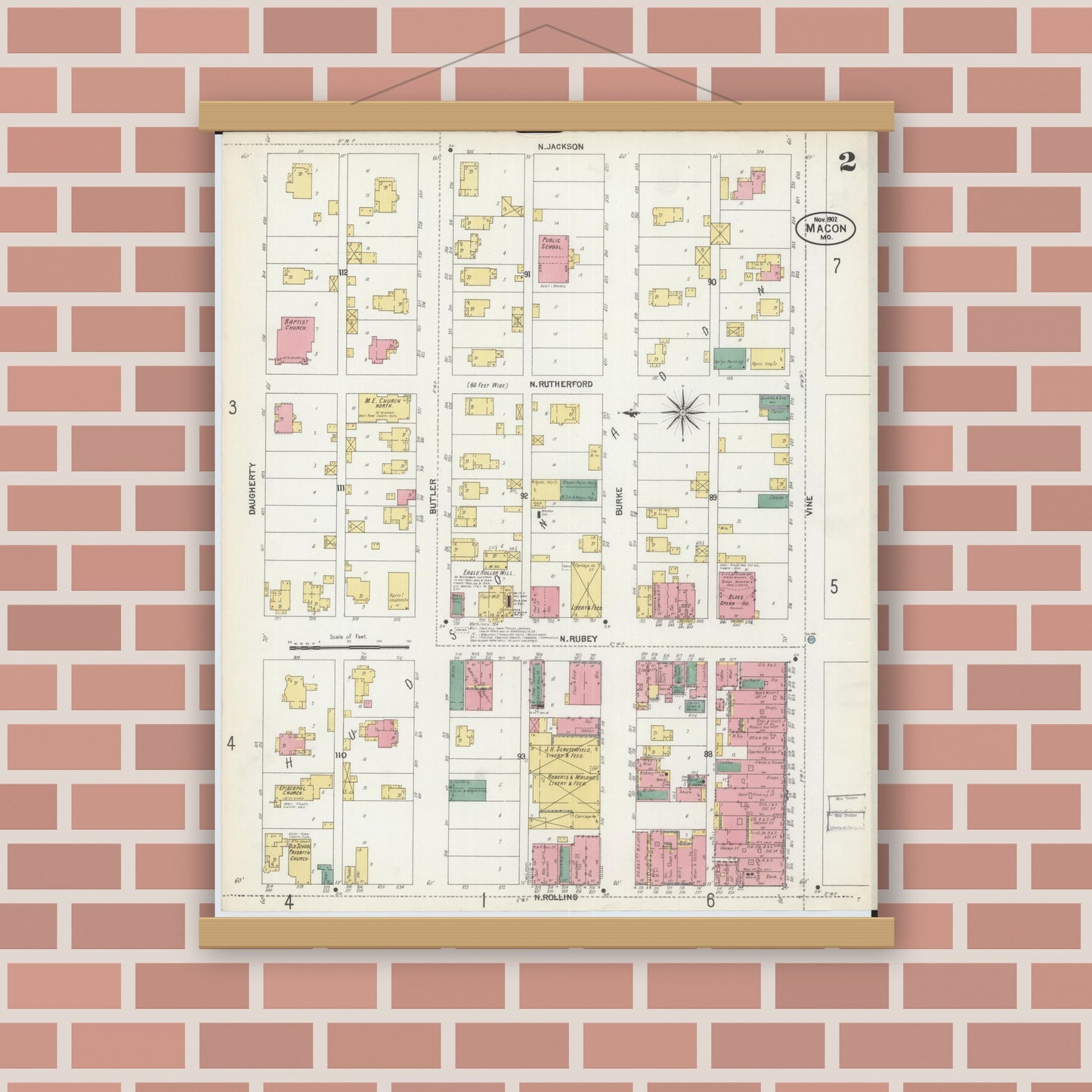 Old map wall art mockup — magnetic wood frame on brick wall — Sanborn Fire Insurance Map from Macon, Macon County, Missouri (1902), Sheet #0002
