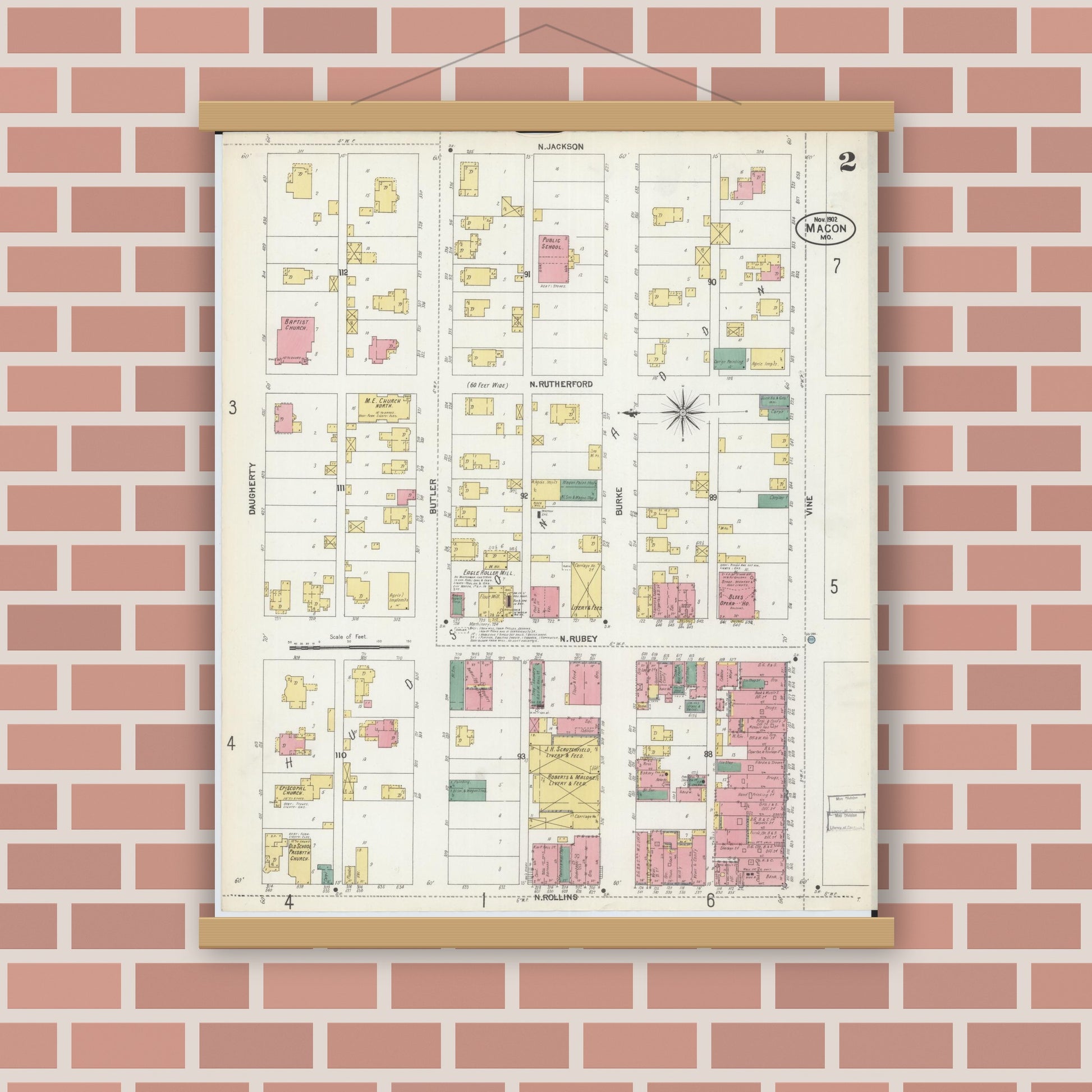 Old map wall art mockup — magnetic wood frame on brick wall — Sanborn Fire Insurance Map from Macon, Macon County, Missouri (1902), Sheet #0002