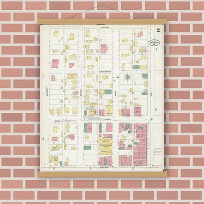 Old map wall art mockup — magnetic wood frame on brick wall — Sanborn Fire Insurance Map from Macon, Macon County, Missouri (1902), Sheet #0002