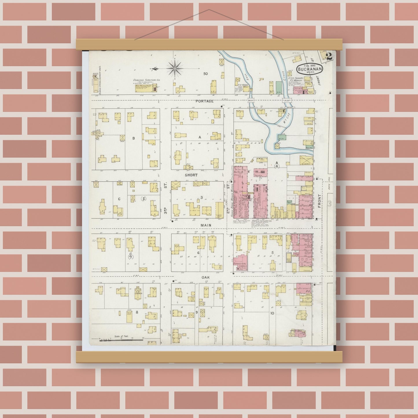Old map wall art mockup — magnetic wood frame on brick wall — Sanborn Fire Insurance Map from Buchanan, Berrien County, Michigan (1895), Sheet #0002