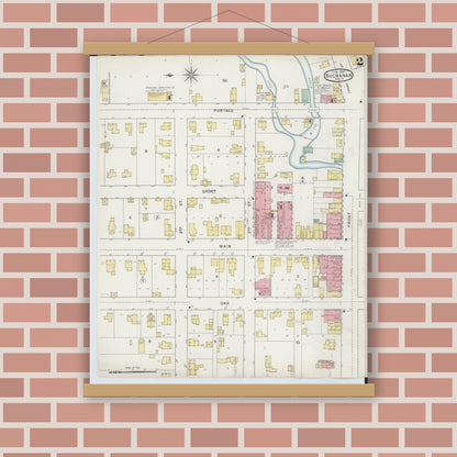 Old map wall art mockup — magnetic wood frame on brick wall — Sanborn Fire Insurance Map from Buchanan, Berrien County, Michigan (1895), Sheet #0002