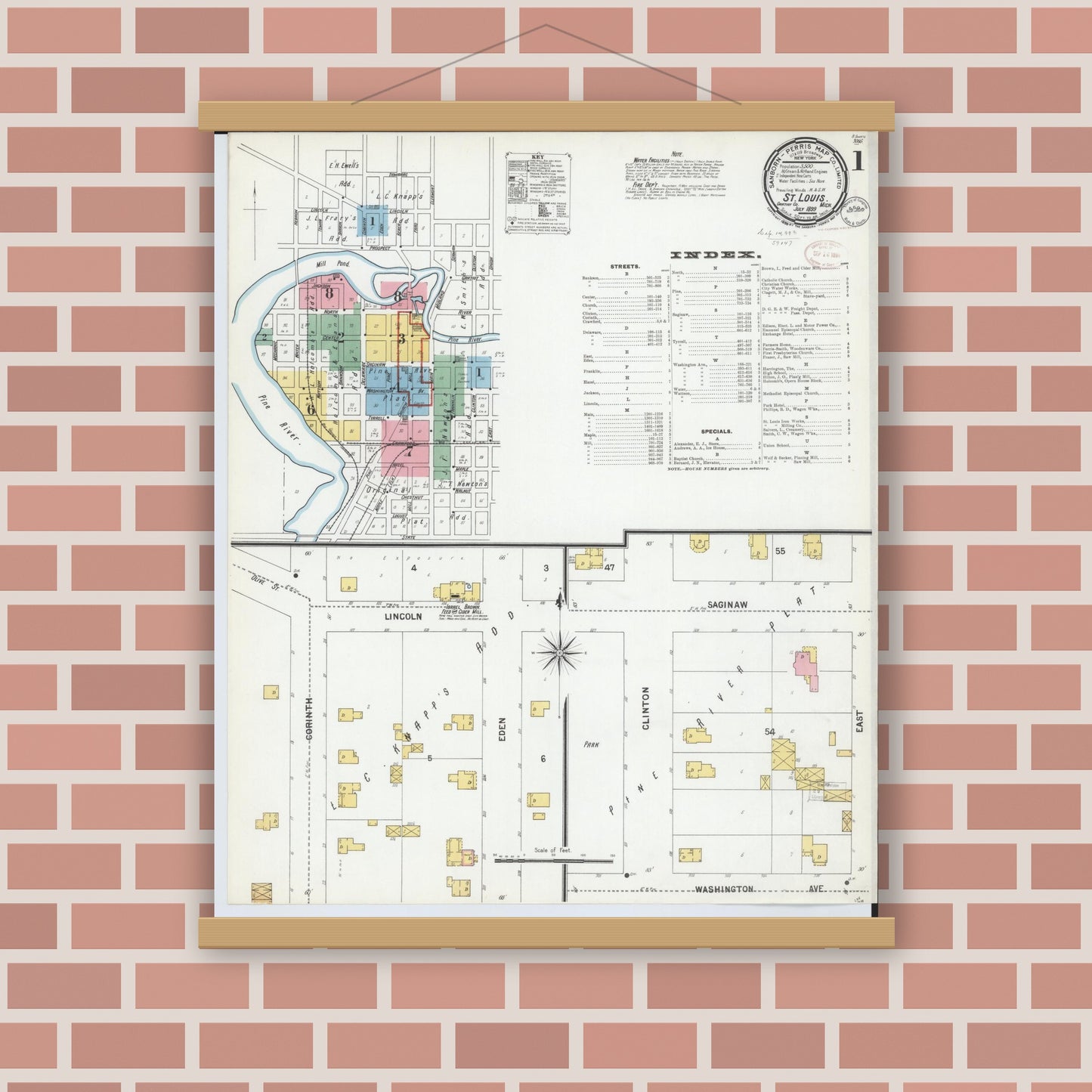 Old map wall art mockup — magnetic wood frame on brick wall — Sanborn Fire Insurance Map from Saint Louis, Gratiot County, Michigan (1899) - Complete Map Set