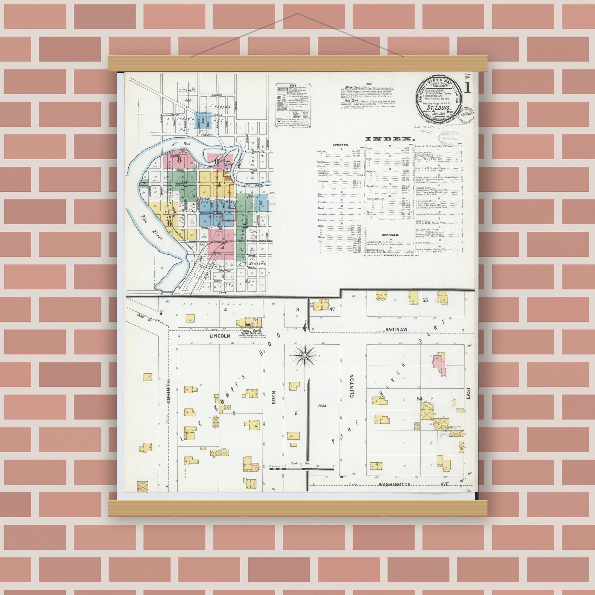 Old map wall art mockup — magnetic wood frame on brick wall — Sanborn Fire Insurance Map from Saint Louis, Gratiot County, Michigan (1899) - Complete Map Set