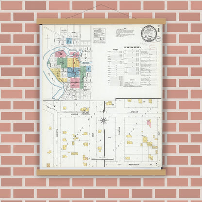 Old map wall art mockup — magnetic wood frame on brick wall — Sanborn Fire Insurance Map from Saint Louis, Gratiot County, Michigan (1899) - Complete Map Set