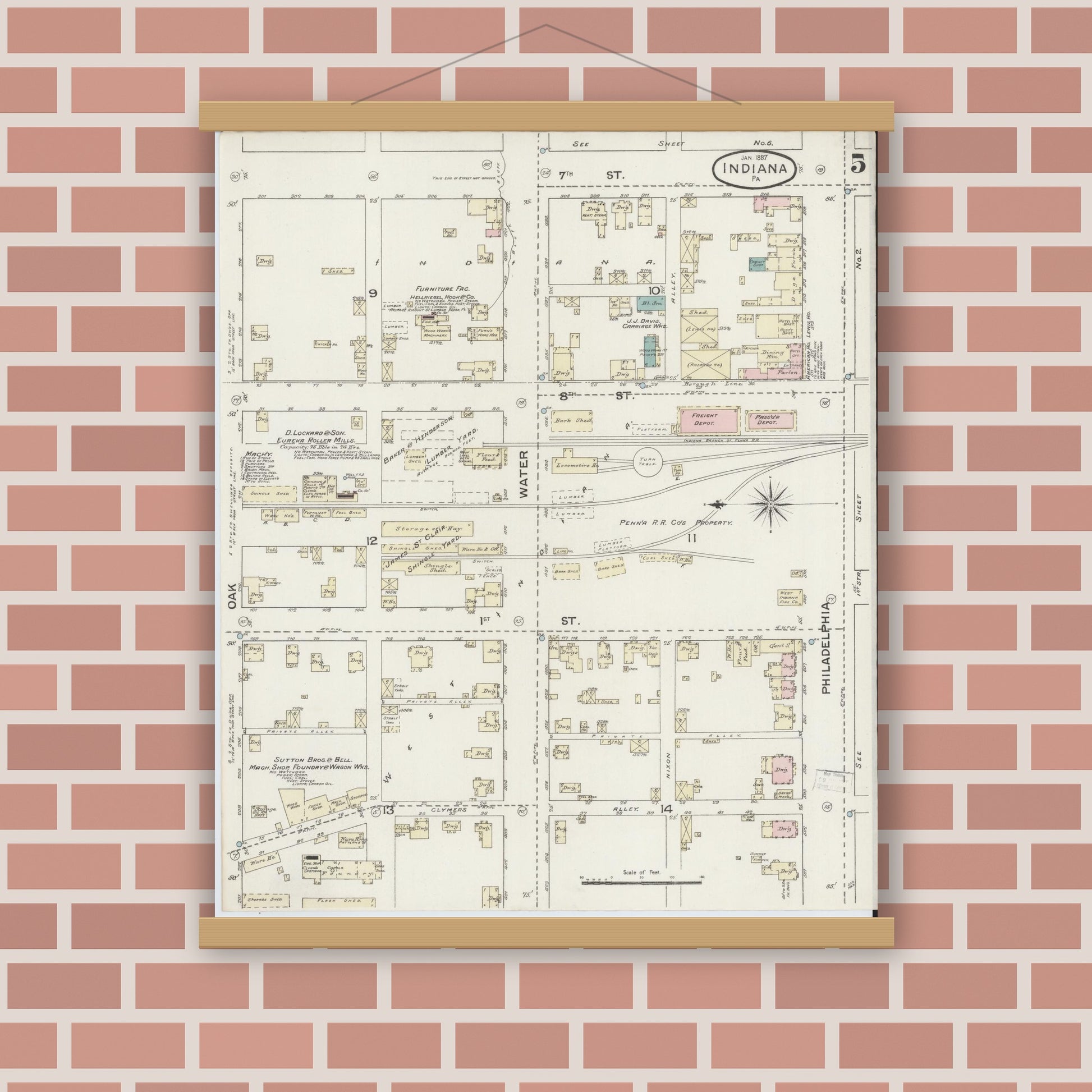 Old map wall art mockup — magnetic wood frame on brick wall — Sanborn Fire Insurance Map from Indiana, Indiana County, Pennsylvania (1887), Sheet #0005
