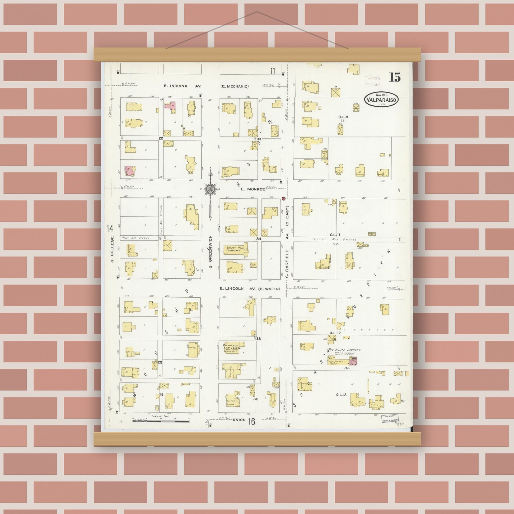 Old map wall art mockup — magnetic wood frame on brick wall — Sanborn Fire Insurance Map from Valparaiso, Porter County, Indiana (1910), Sheet #0015