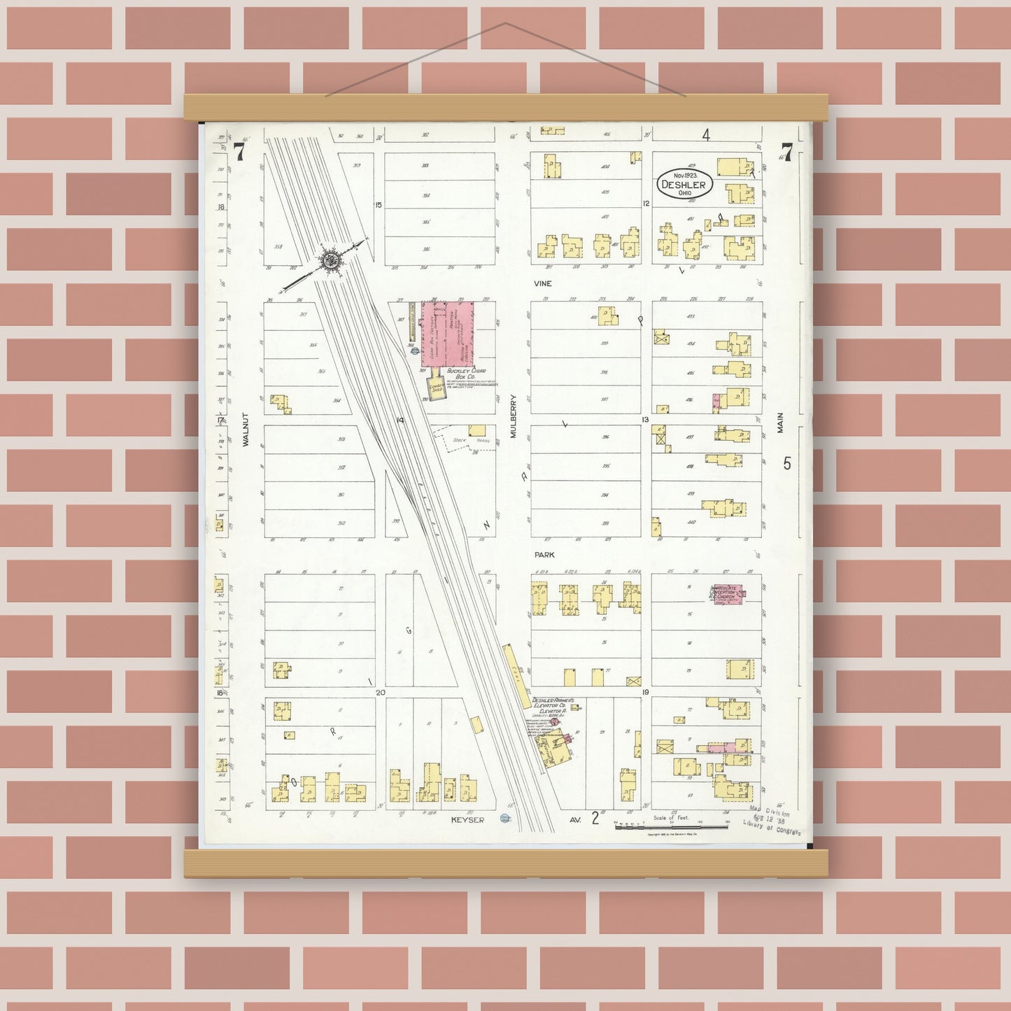 Old map wall art mockup — magnetic wood frame on brick wall — Sanborn Fire Insurance Map from Deshler, Henry County, Ohio (1923), Sheet #0007