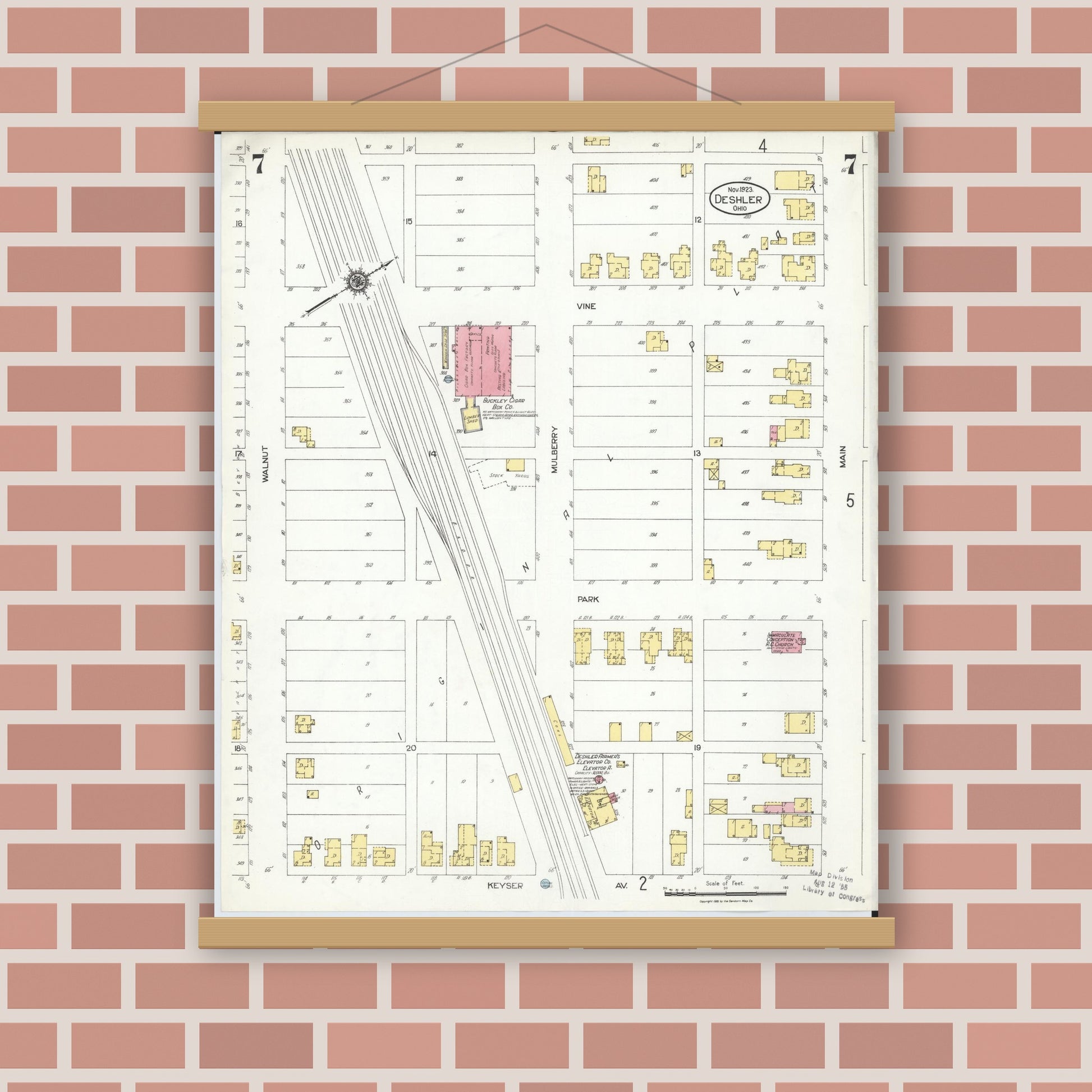 Old map wall art mockup — magnetic wood frame on brick wall — Sanborn Fire Insurance Map from Deshler, Henry County, Ohio (1923), Sheet #0007