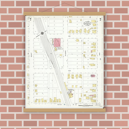 Old map wall art mockup — magnetic wood frame on brick wall — Sanborn Fire Insurance Map from Deshler, Henry County, Ohio (1923), Sheet #0007