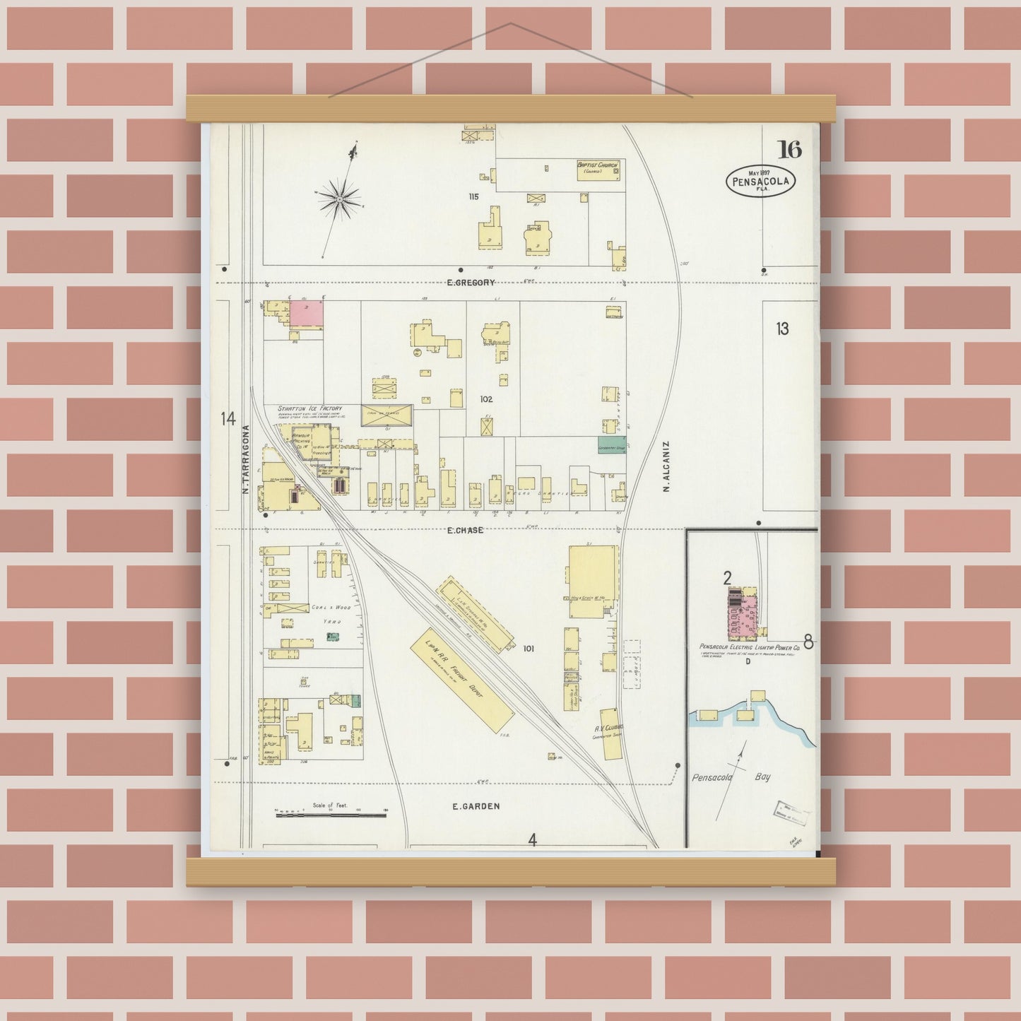 Old map wall art mockup — magnetic wood frame on brick wall — Sanborn Fire Insurance Map from Pensacola, Escambia County, Florida (1897), Sheet #0016