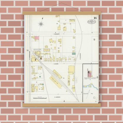 Old map wall art mockup — magnetic wood frame on brick wall — Sanborn Fire Insurance Map from Pensacola, Escambia County, Florida (1897), Sheet #0016