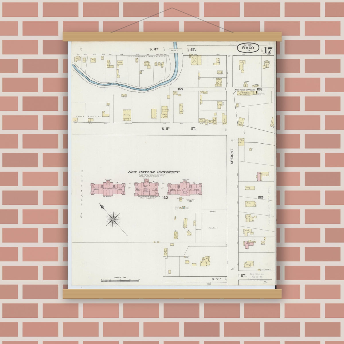 Old map wall art mockup — magnetic wood frame on brick wall — Sanborn Fire Insurance Map from Waco, McLennan County, Texas (1889), Sheet #0017