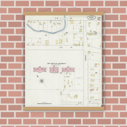 Old map wall art mockup — magnetic wood frame on brick wall — Sanborn Fire Insurance Map from Waco, McLennan County, Texas (1889), Sheet #0017