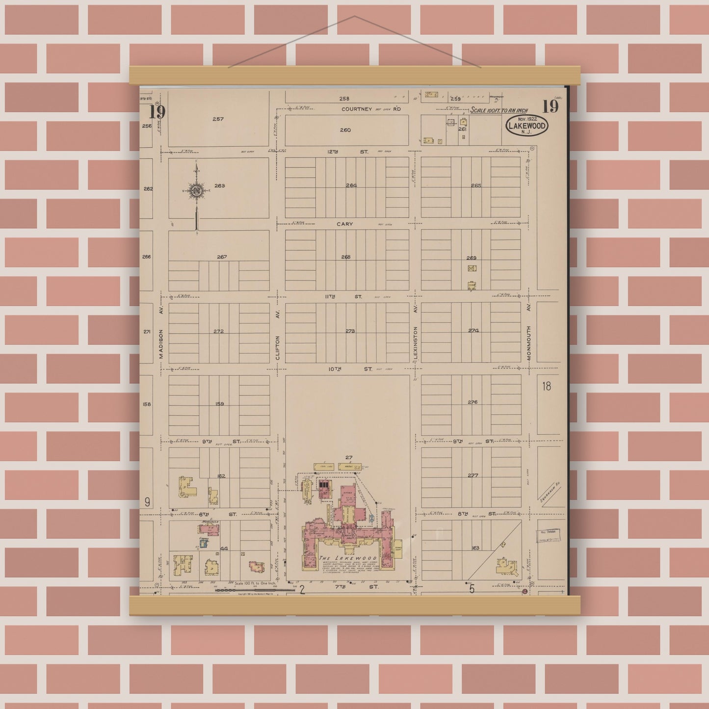 Old map wall art mockup — magnetic wood frame on brick wall — Sanborn Fire Insurance Map from Lakewood, Ocean County, New Jersey (1922), Sheet #0019