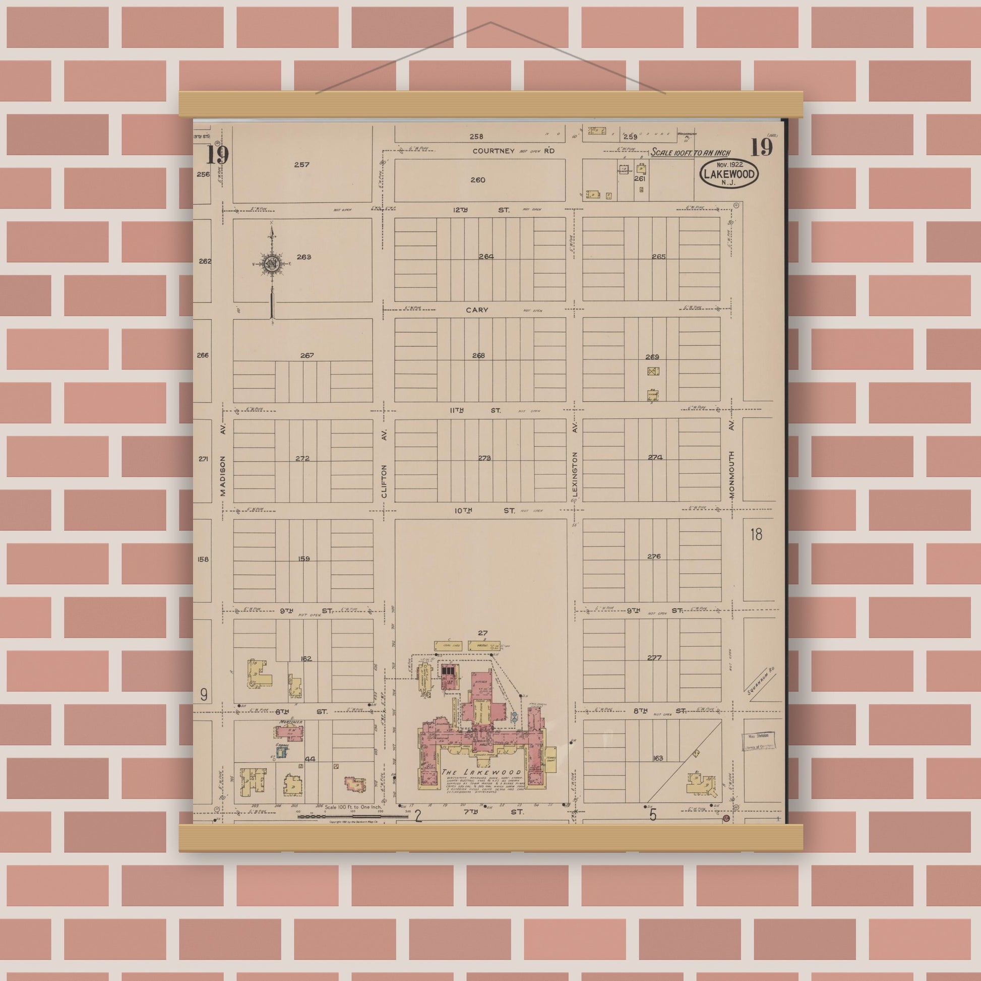 Old map wall art mockup — magnetic wood frame on brick wall — Sanborn Fire Insurance Map from Lakewood, Ocean County, New Jersey (1922), Sheet #0019