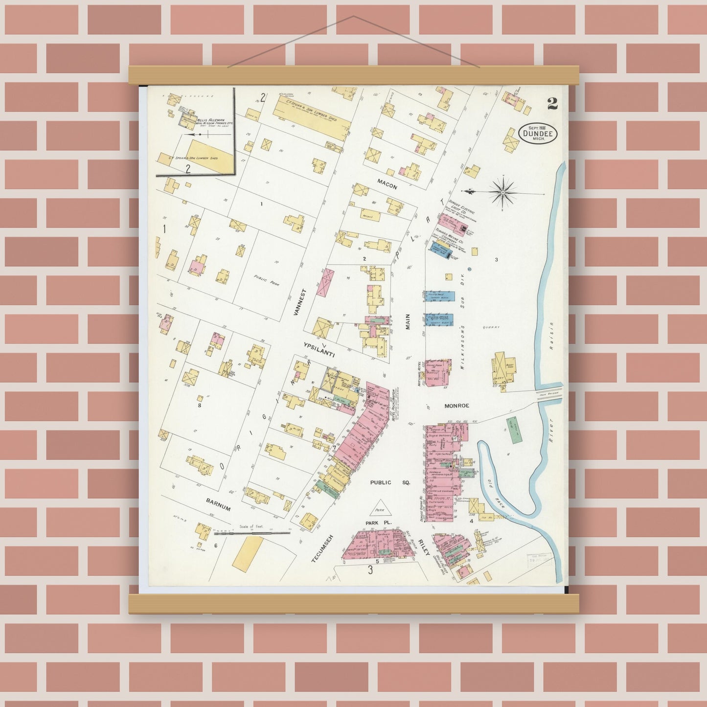 Old map wall art mockup — magnetic wood frame on brick wall — Sanborn Fire Insurance Map from Dundee, Monroe County, Michigan (1908), Sheet #0002