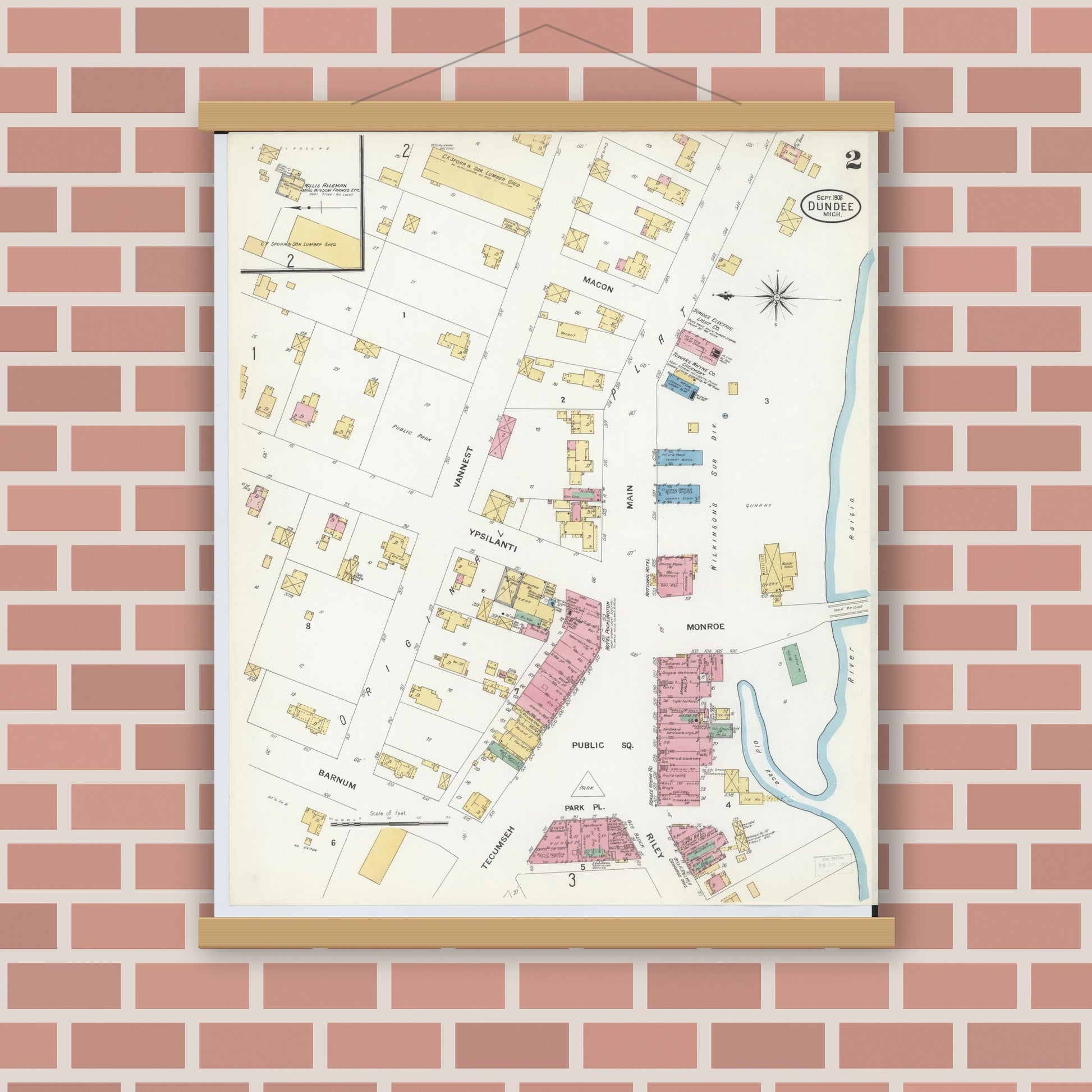 Old map wall art mockup — magnetic wood frame on brick wall — Sanborn Fire Insurance Map from Dundee, Monroe County, Michigan (1908), Sheet #0002