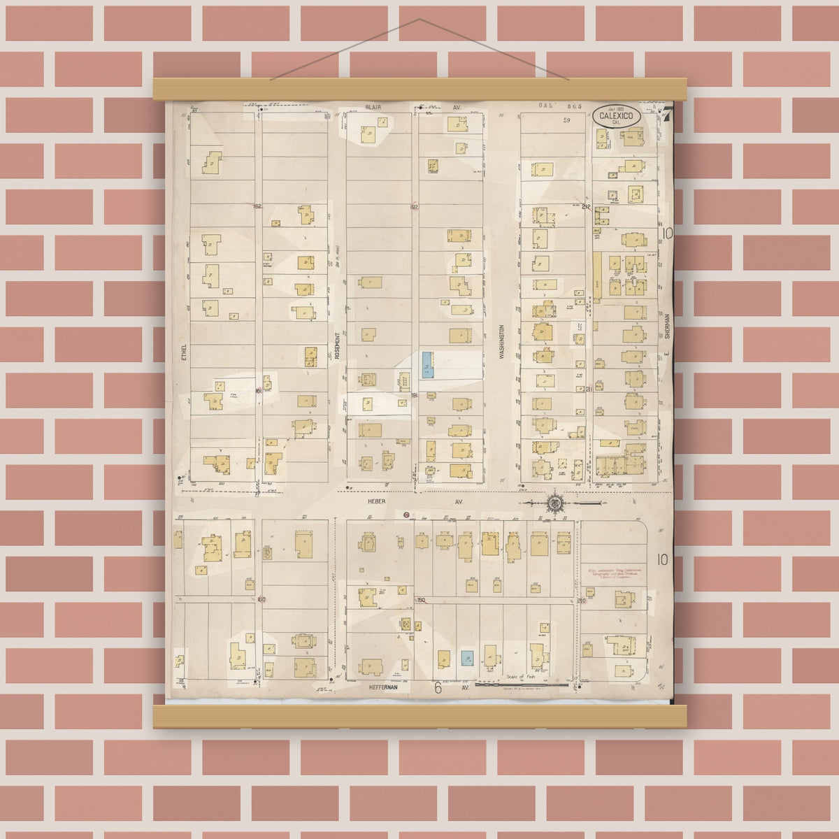 Old map wall art mockup — magnetic wood frame on brick wall — Sanborn Fire Insurance Map from Calexico, Imperial County, California (1949), Sheet #0007