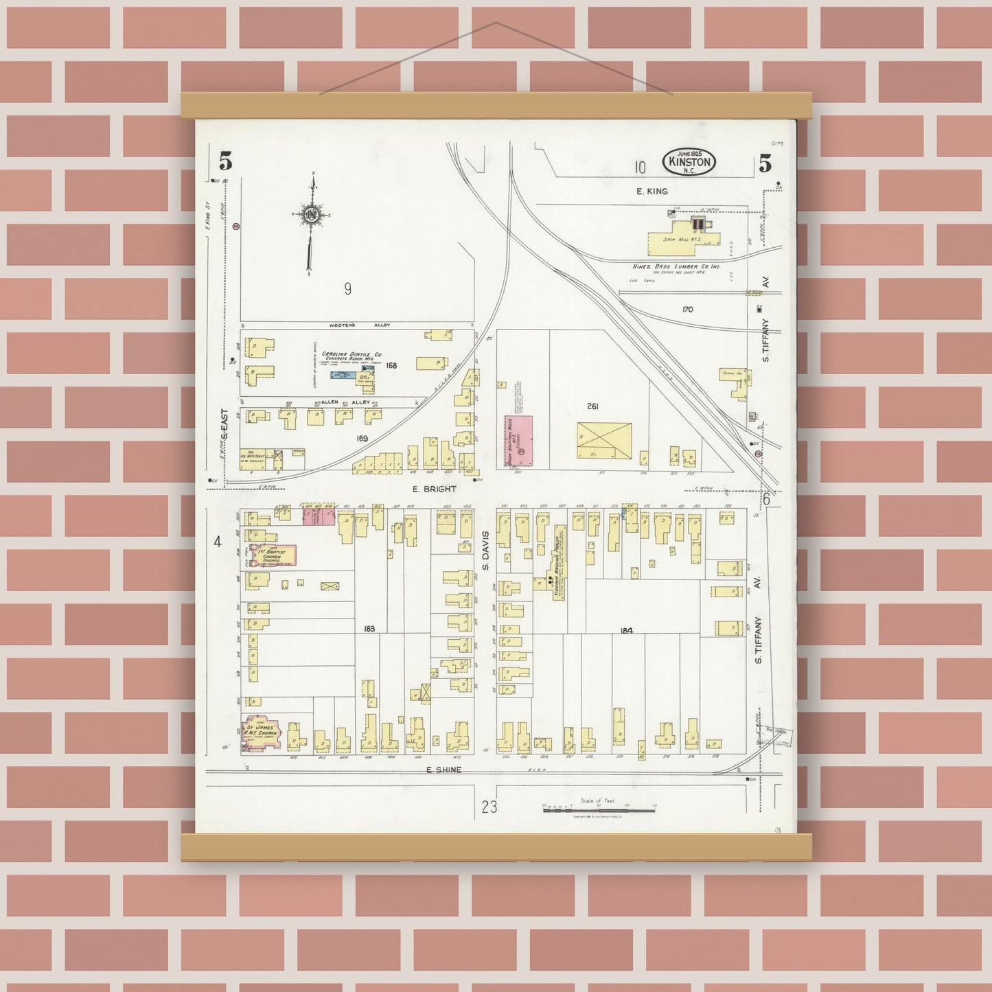 Old map wall art mockup — magnetic wood frame on brick wall — Sanborn Fire Insurance Map from Kinston, Lenoir County, North Carolina (1925), Sheet #0005