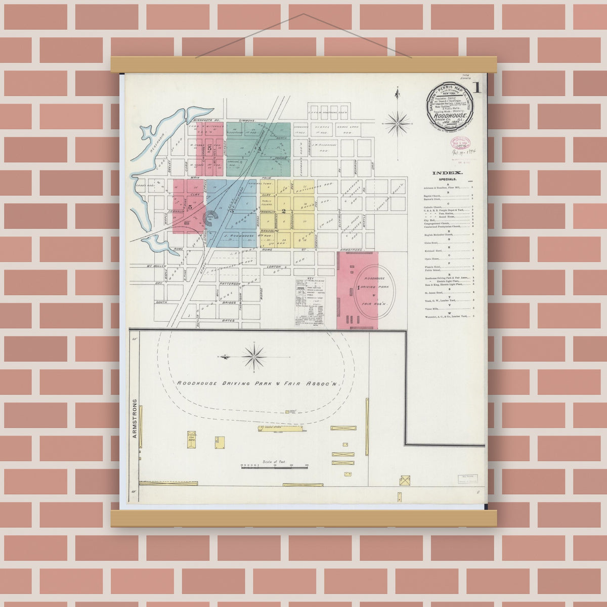 Old map wall art mockup — magnetic wood frame on brick wall — Sanborn Fire Insurance Map from Roodhouse, Greene County, Illinois (1894), Sheet #0001