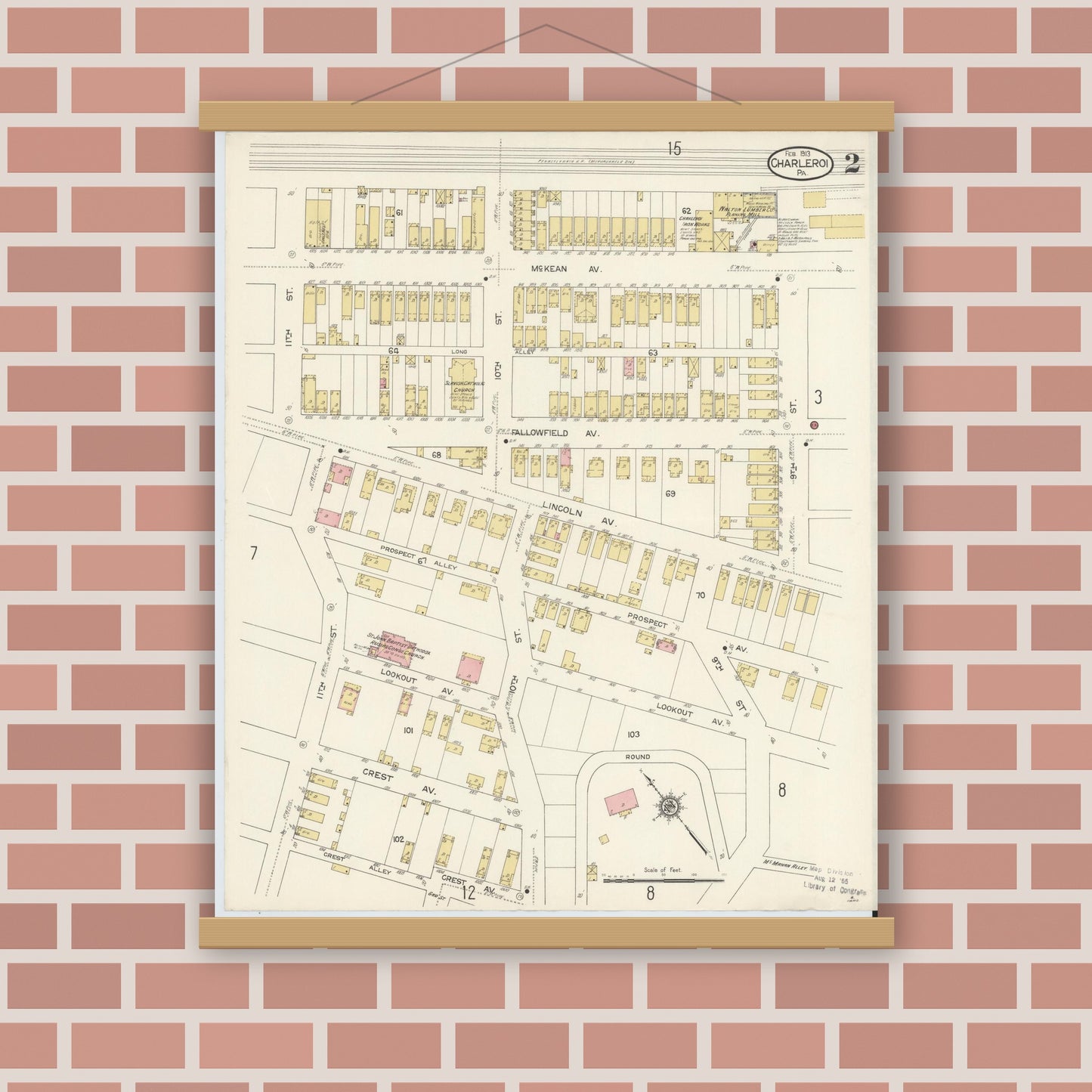 Old map wall art mockup — magnetic wood frame on brick wall — Sanborn Fire Insurance Map from Charleroi, Washington County, Pennsylvania (1913), Sheet #0002