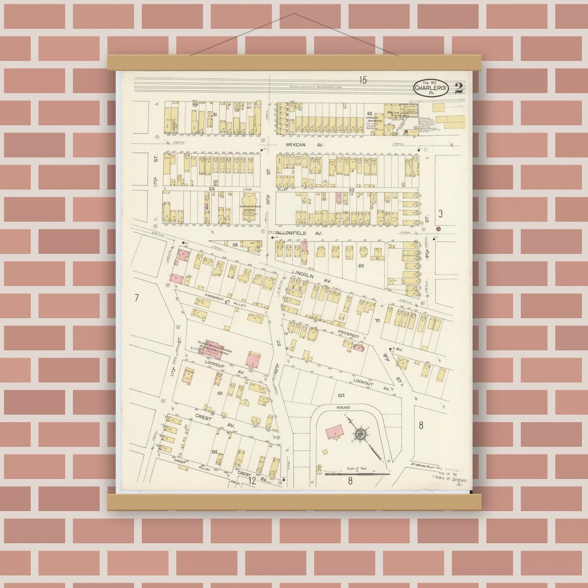 Old map wall art mockup — magnetic wood frame on brick wall — Sanborn Fire Insurance Map from Charleroi, Washington County, Pennsylvania (1913), Sheet #0002