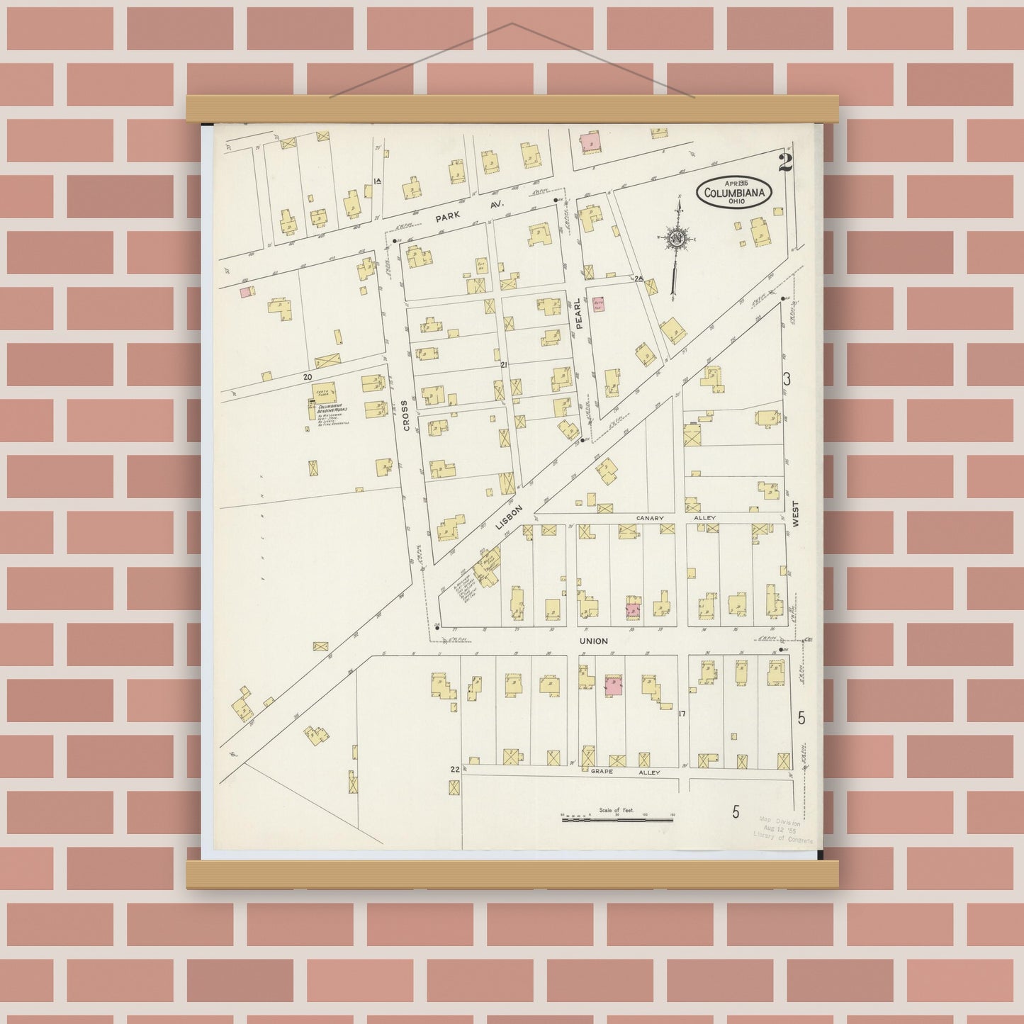 Old map wall art mockup — magnetic wood frame on brick wall — Sanborn Fire Insurance Map from Columbiana, Columbiana County, Ohio (1915), Sheet #0002