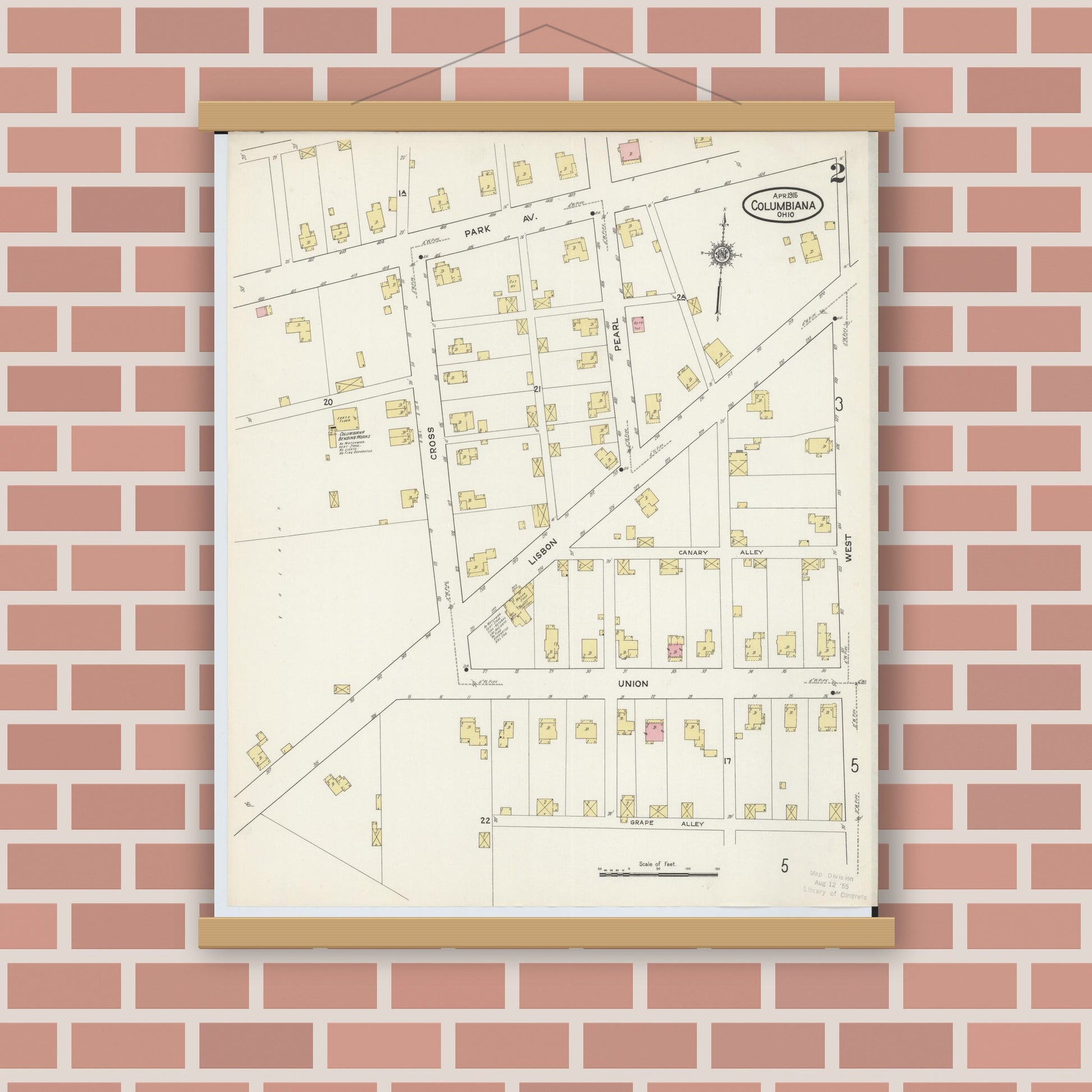 Old map wall art mockup — magnetic wood frame on brick wall — Sanborn Fire Insurance Map from Columbiana, Columbiana County, Ohio (1915), Sheet #0002