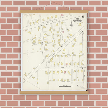Old map wall art mockup — magnetic wood frame on brick wall — Sanborn Fire Insurance Map from Columbiana, Columbiana County, Ohio (1915), Sheet #0002