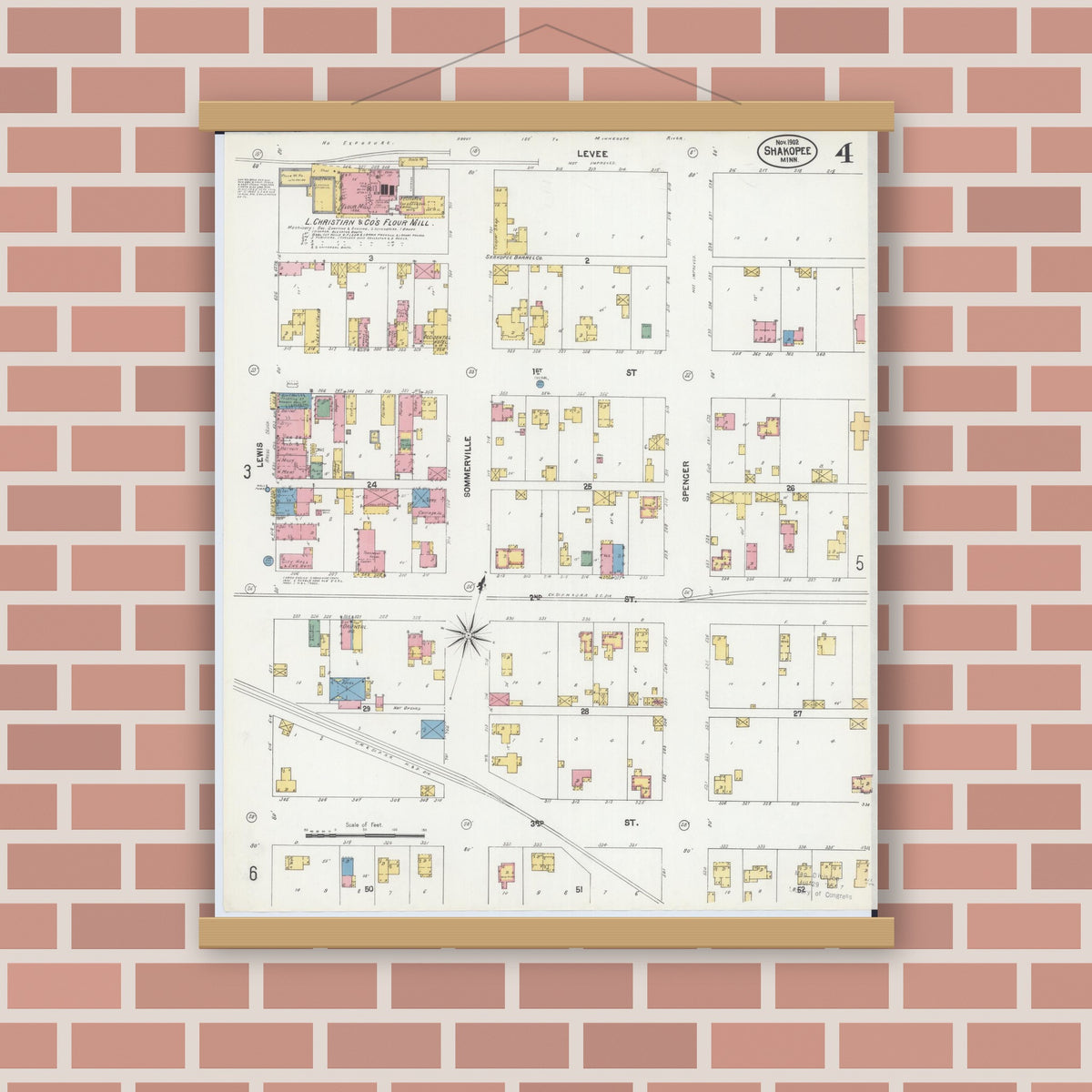 Old map wall art mockup — magnetic wood frame on brick wall — Sanborn Fire Insurance Map from Shakopee, Scott County, Minnesota (1902), Sheet #0004