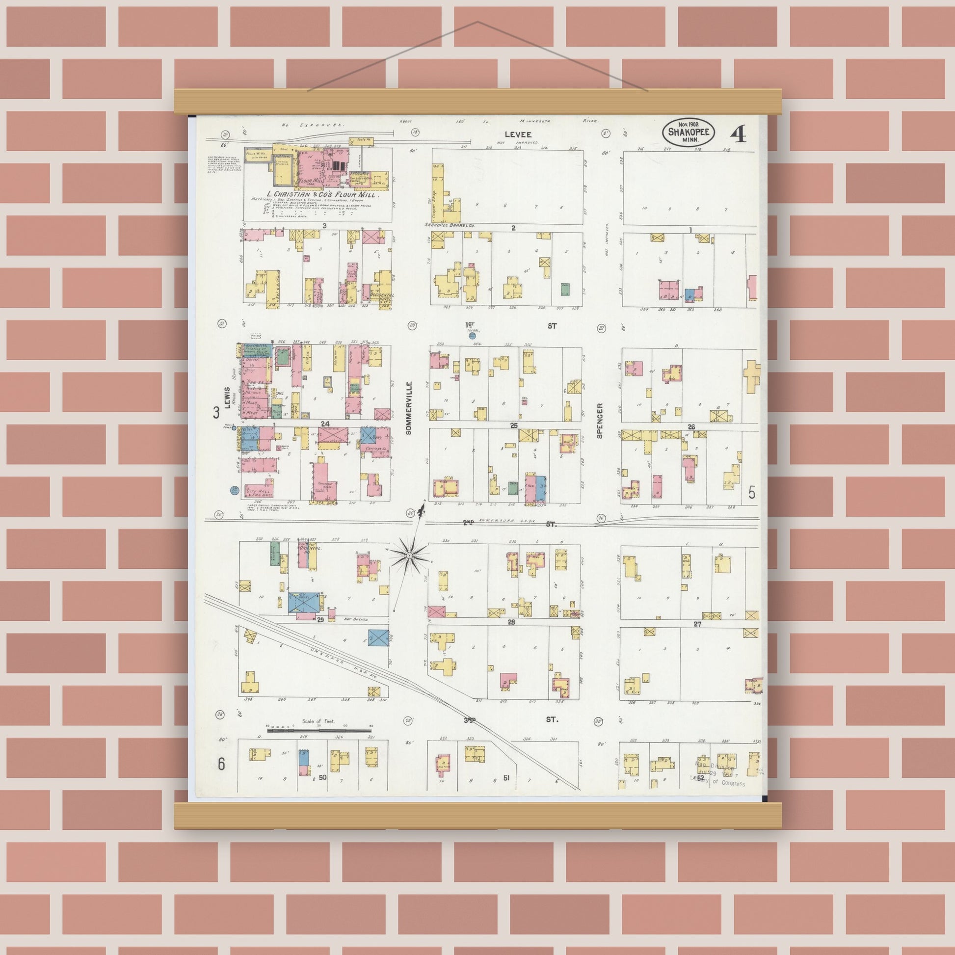 Old map wall art mockup — magnetic wood frame on brick wall — Sanborn Fire Insurance Map from Shakopee, Scott County, Minnesota (1902), Sheet #0004