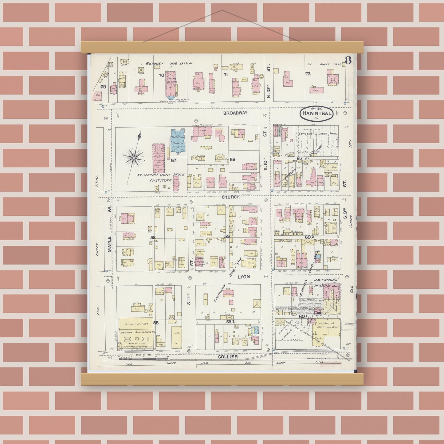 Old map wall art mockup — magnetic wood frame on brick wall — Sanborn Fire Insurance Map from Hannibal, Marion County, Missouri (1890), Sheet #0008