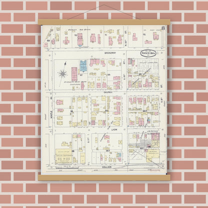 Old map wall art mockup — magnetic wood frame on brick wall — Sanborn Fire Insurance Map from Hannibal, Marion County, Missouri (1890), Sheet #0008