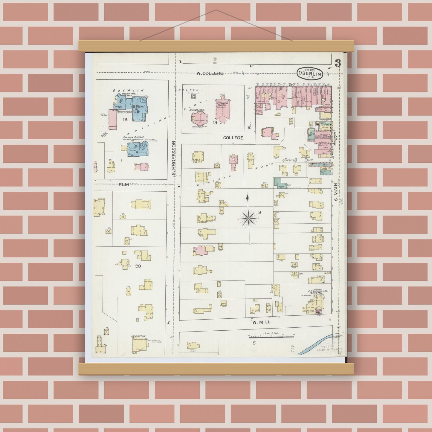 Old map wall art mockup — magnetic wood frame on brick wall — Sanborn Fire Insurance Map from Oberlin, Lorain County, Ohio (1893), Sheet #0003